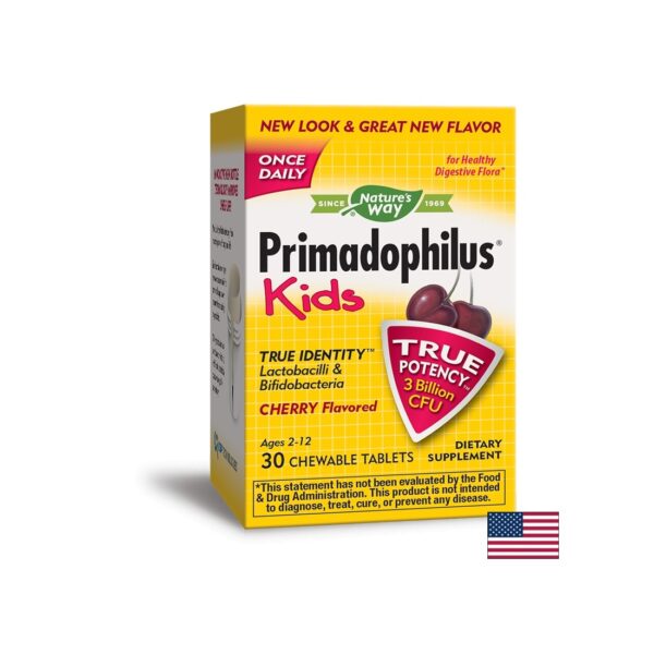 Primadophilus Kids - Примадофилус Кидс 3 млрд. активни пробиотици, 30 дъвчащи таблетки с вкус на череша Nature’s Way